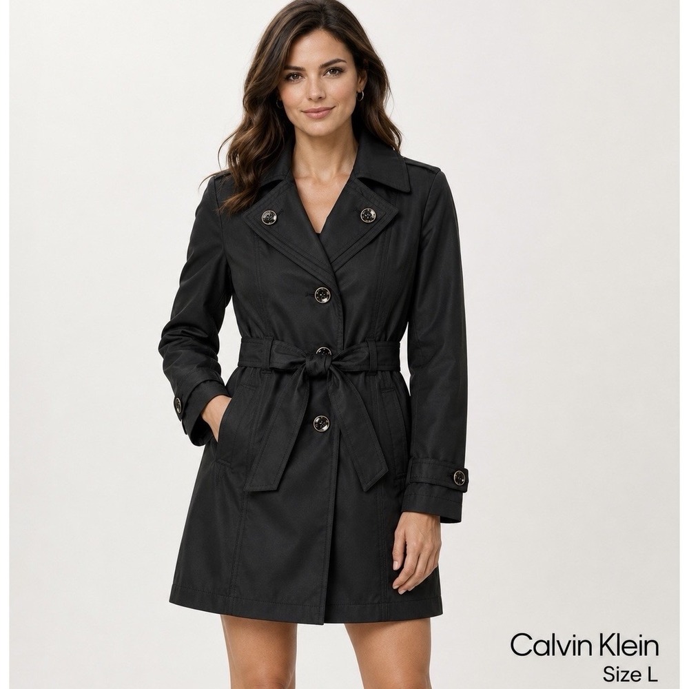 Calvin Klein Women's Size Large L Black Trench Coat Belted Removable Hood NWOT